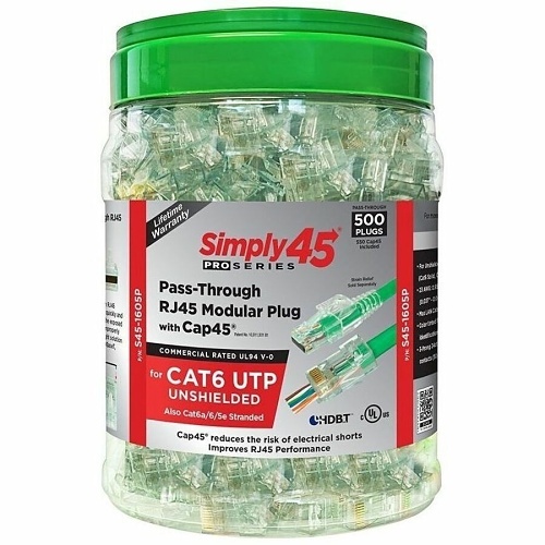 Simply45 S45-1605P Pro Series Pass-Through RJ45 Modular Plug with Cap45 for CAT6 UTP Unshielded, 500-Piece Jar, Green Tint