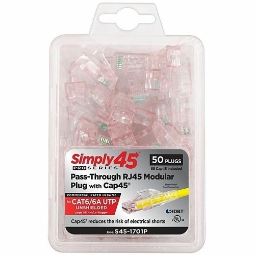 Simply45 S45-1701P Pro Series Pass-Through RJ45 Modular Plug with Cap45 for CAT6/6a UTP Unshielded with Cap45, Hi/Lo Stagger, 50-Piece Clamshell, Red Tint