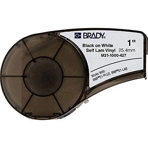 Brady M21-1000-427 Self-Laminating Vinyl Wrap Around Labels with Ribbon for M210, M211, BMP21-PLUS Printers, 1" W x 14' L, Black on White, Clear