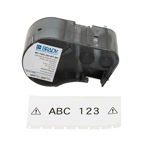 Brady ID MC-1500-595-WT-BK All Weather Permanent Adhesive Vinyl Label Tape with Ribbon for BMP51, 1.5", Black on White