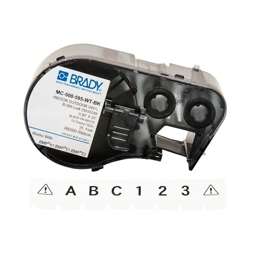 Brady ID MC-500-595-WT-BK All Weather Permanent Adhesive Vinyl Label Tape with Ribbon for BMP41 BMP51 , 0.5", Black on White