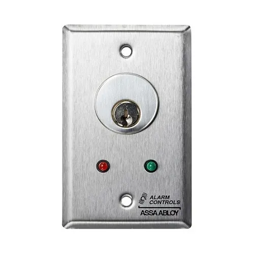 Alarm Controls MCK-6-3WP Single Gang Key Switch, DPDT Momentary, Red / Green LEDs, Satin Stainless Steel