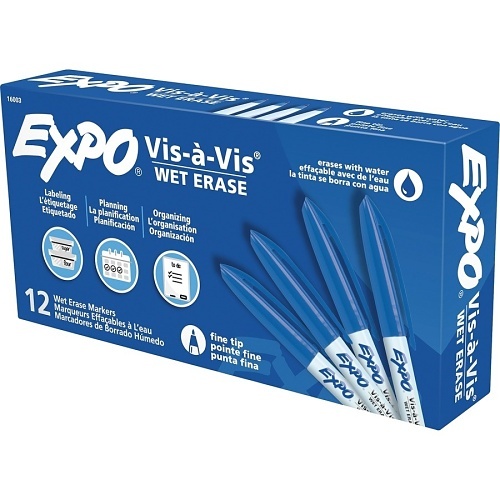 Expo 16003 Vis-a-Vis Wet Erase Marker, Fine Bullet Tip, Blue, 12-Pack