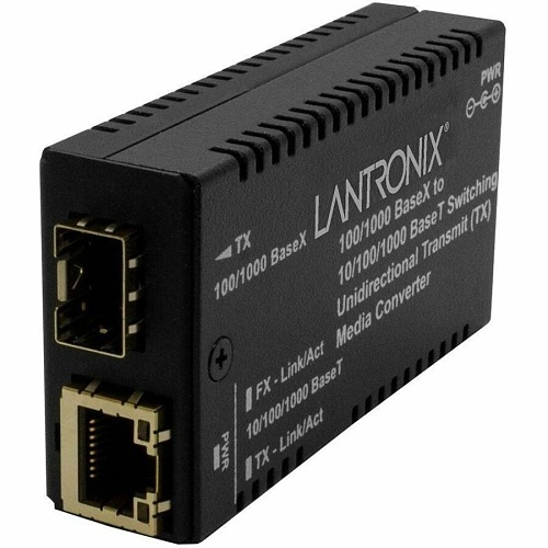 Lantronix M/GE-PSW-SFP-01-UTX-AR Gigabit Ethernet Media Converter, Unidirectional, 10/100/1000BASETX to 1000BASE