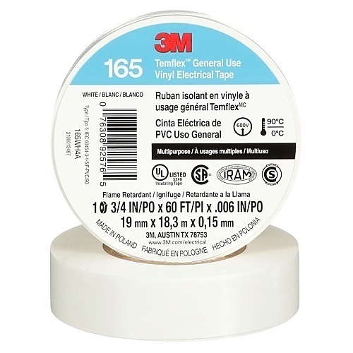 3M 165WH4A Temflex Vinyl Electrical Tape 165, 3/4"X60' (19mmX18m), White