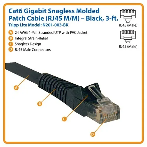 Tripp Lite N201-003-BK CAT6 Snagless Molded Gigabit Patch Cable, UPT, RJ45 M/M, 3' (91.4cm), Black
