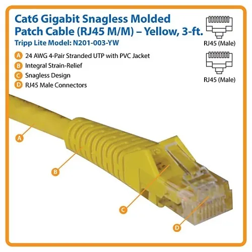 Tripp Lite N201-003-YW CAT6 Snagless Molded Gigabit Patch Cable, UPT, RJ45 M/M, 3' (91.4cm), Yellow