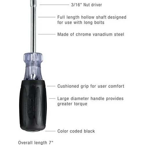 Jonard Tools ND-630316 3/16" Hollow Nut Driver, 3" Shaft