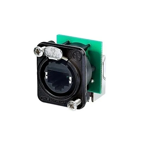 NEUTRIK NE8FDP-R-B Right Angle RJ45 Feedthrough Receptacle, Black D-shape Metal Flange with Latch Lock