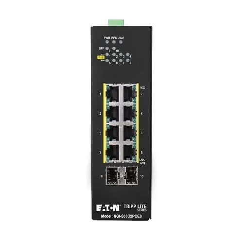 Eaton Tripp Lite NGI-S08C2POE8 8-Port Lite Managed Industrial Gigabit Ethernet Switch, 10/100/1000 Mbps, PoE+ 30W, 2 GbE SFP Slots, DIN Mount