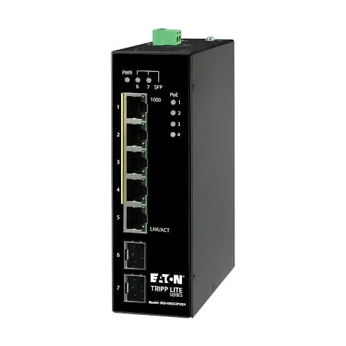 Eaton Tripp Lite NGI-U05C2POE4 5-Port Unmanaged Industrial Gigabit Ethernet Switch, PoE+ 30W, 2 SFP Slots, DIN Mount, Black