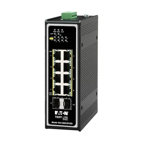 Eaton Tripp Lite NGI-U08C2POE8 8-Port Unmanaged Industrial Gigabit Ethernet Switch, 10/100/1000 Mbps, PoE+ 30W, 2 GbE SFP Slots, -40Â° to 75Â°C, DIN Mount