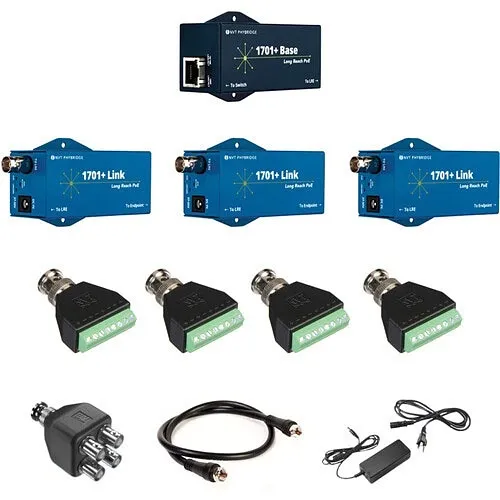 NVT Phybridge NV-EC1701PLS-K3H 1701+ Base Extender Kit with 3x Link Adapter, Power Supply, Terminal Adapters, and Coax Splitter