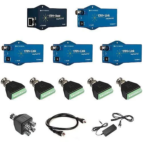 NVT Phybridge NV-EC1701PLS-K4H Kit, (1) 1701+ Base, (4) 1701+ Link 50W, (1) NV-PS55-110W, (5) NV-BNCA, (1) NV-EC4BNC, (1) 2' Coax Cable