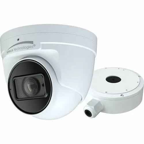 Speco O8T9M 8MP IR Turret IP Camera with Advanced Analytics and Junction Box, 2.8-12mm Motorized Lens, White