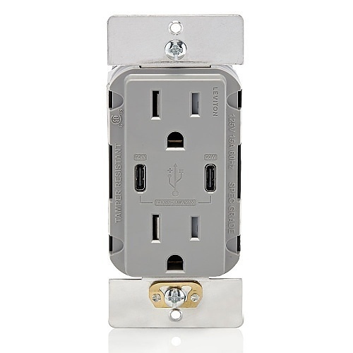 Leviton T5636-G 15A TR Receptacle with USB Type High Power Charging, Connectors