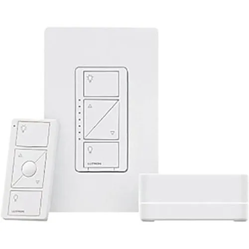Lutron P-BDGPRO-PKG1W-C 4-Pack Caseta Smart Bridge PRO Starter Kit with In-Wall Dimmer, (1) L-BDGPRO2-WH, (1) PD-6WCL-WH, (1) PJ2-3BRL-WH-L01R (1) CW-1-WH/ Claro Wall-Plate