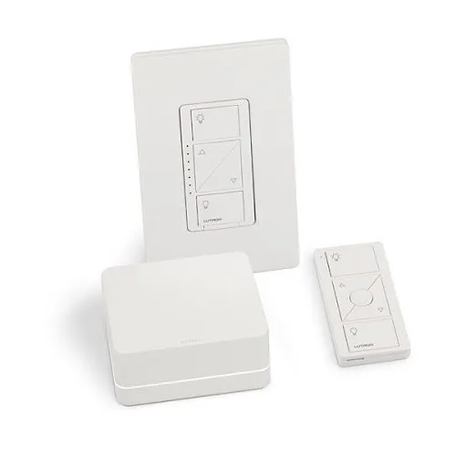 Lutron P-BDGPRO-PKG1W Caseta Wireless Dimmer Pro Kit with Smart Bridge, 4-Pack