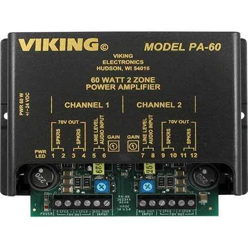 Viking PA-60 60W Compact 2-Zone Amplifier, Drive up to 60 Paging Speakers