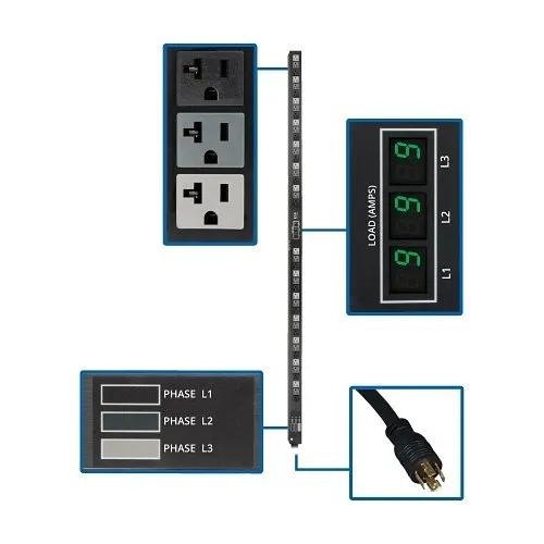 Eaton Tripp Lite PDU3MV6L2120LV 6' 5.7kW 3-Phase Metered PDU, 42 5-15/20R Outlets, L21-20P Input, 0U Vertical, Black