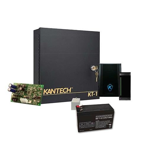 Kantech EK-1M-MTM Access Control Expansion Kit, 5-Piece, (1) KT-1-M Controller, (1) KT-MUL-MT Reader, (1) KT-PTC1640UG Transformer, (1) KT-PS4085 12V DC Power Supply and (1) KT-BATT-12 Battery