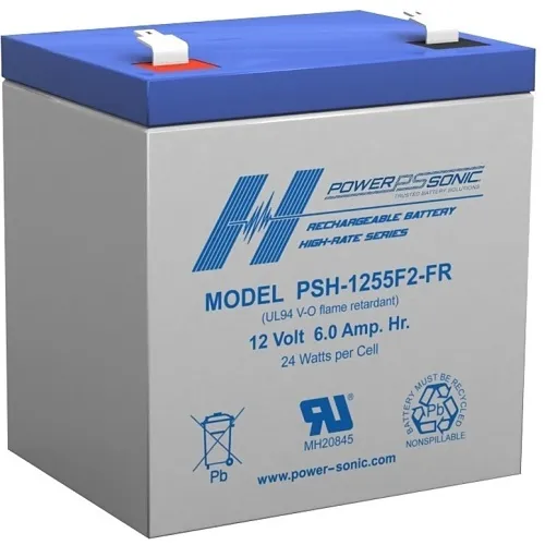Power Sonic PSH-1255F2-FR PSH Series 12V, 6Ah Flame Retardant Rechargeable SLA Battery, F2 Terminals