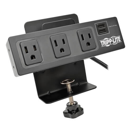 Eaton Tripp Lite TLP310USBC Protect It! 3-Outlet Surge Protector with Desk Clamp, 510 J, 2-Port USB Charging, 10' Cord, Black Housing