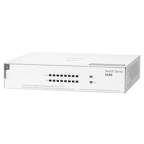 HPE R8R46A#ABA Switch Series 1430 8-Port Gb Unmanaged Layer 2 Ethernet Switch with PoE, 8x 1G, 8x CL4 PoE 64W, Fan-less