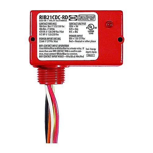 Functional Devices RIB21CDC-RD Enclosed Relay 10A SPDT, Class Dry Contact Input, 120-277VAC Power Input, Red Housing