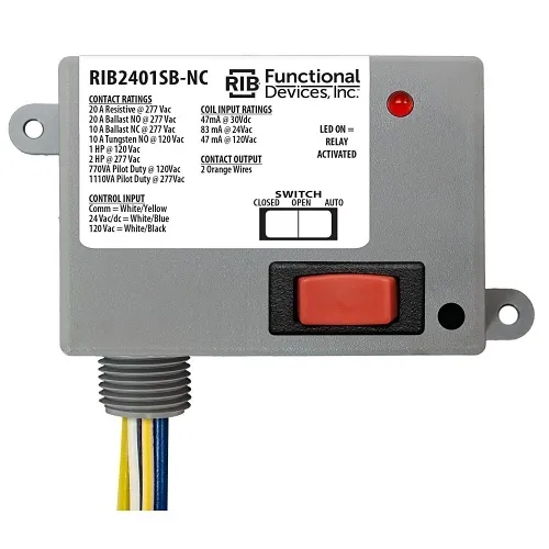Functional Devices RIB2401SB-NC Enclosed Relay 20A SPST-NC 24Vac/dc or 120Vac + Override Switch