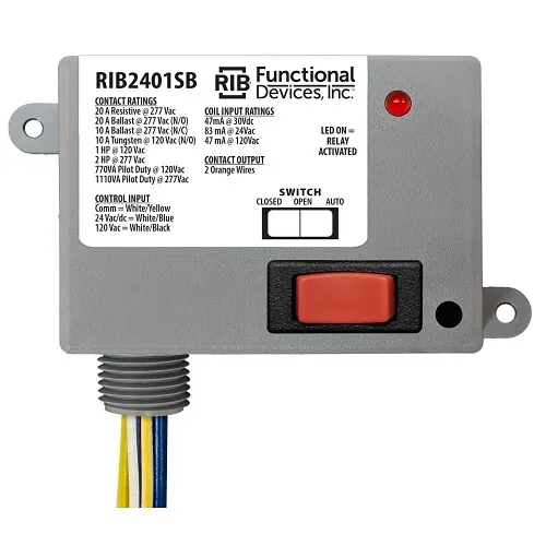 Functional Devices RIB2401SB Enclosed Relay 20A SPST-NO 24VAC/DC or 120VAC with Override Switch