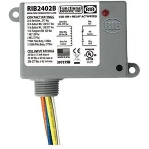 Functional Devices RIB2402B Power Relay, 20A SPDT, 24V AC-DC-208-277V AC Coil, NEMA Housing