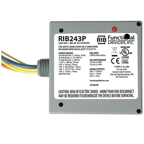 Functional Devices RIB243P Enclosed Relay, 20A, 3PST, 24VAC/DC