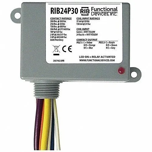 Functional Devices RIB24P30 Enclosure Relay, 30A 24VAC/DC DPDT