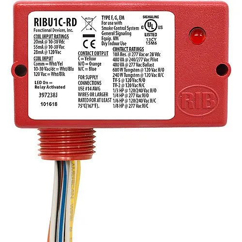 Functional Devices RIBU1C-RD Enclosed Pilot Relay 10A SPDT with 10-30V AC/DC/120V AC Coil, Red Housing