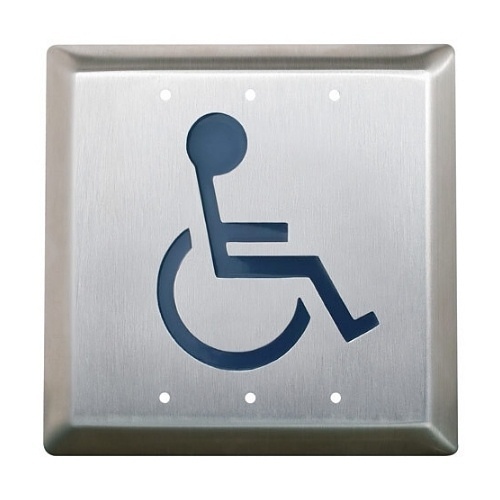 Camden CM-45/2 1/2" Square Push Plate Switch, Concealed Screws, 'WHEELCHAIR' Symbol, Blue