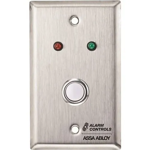 Alarm Controls RP-05 Remote Wall Plate with White Push Button, 1/4" Red and Green LEDs, Single Gang, Stainless Steel
