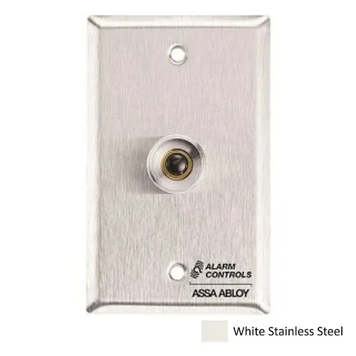 Alarm Controls RP-26AWH Remote Wall Plate with N/C Black Push Button, Guard Ring, Single Gang, White Stainless Steel