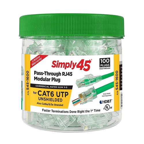 Simply45 S45-1600 CAT6 Unshielded Cable, Pass Through RJ45, 100-Pack