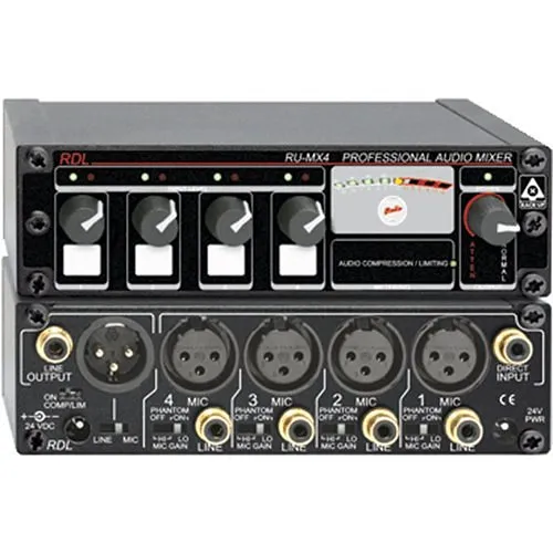 RDL RU-MX4 Professional 4-Channel Microphone/Line Mixer with Phantom Power, Microphone and Line Output