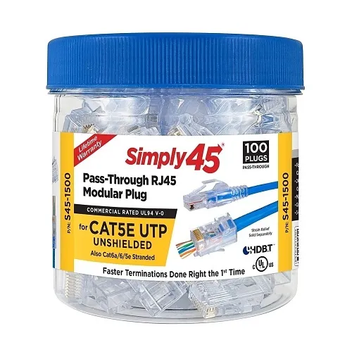 Simply45 S45-1500 CAT5e Unshielded Pass Through RJ45 Modular Plugs, 100-Pack