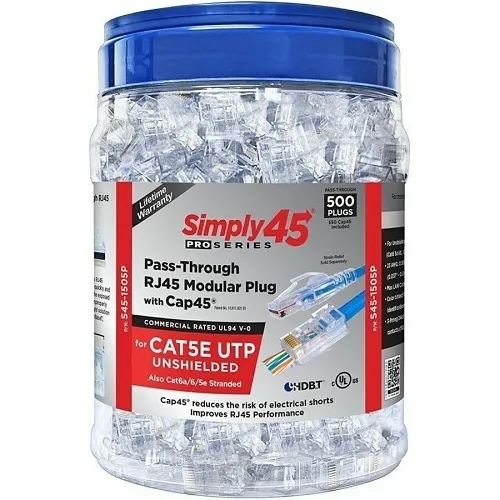 Simply45 S45-1505P Pro Series Pass-Through RJ45 Modular Plug with Cap45 for CAT5e UTP Unshielded, 500-Piece Jar, Blue Tint