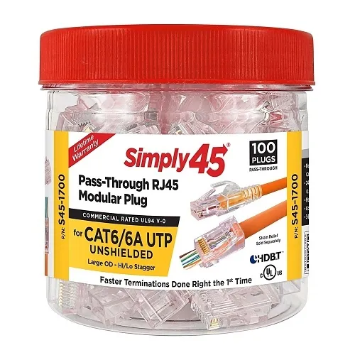 Simply45 S45-1700 CAT6/6a Unshielded, Staggered, Pass Through RJ45, 100-Pack