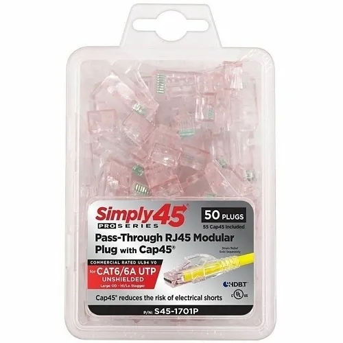 Simply45 S45-1701P Pro Series Pass-Through RJ45 Modular Plug with Cap45 for CAT6/6a UTP Unshielded with Cap45, Hi/Lo Stagger, 50-Piece Clamshell, Red Tint