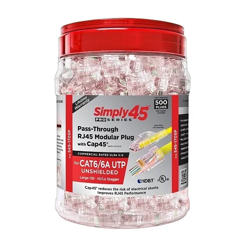 Simply45 S45-1705P CAT6/6A Unshielded Pass-Through RJ45 Modular Plugs with Cap45, 500-Piece