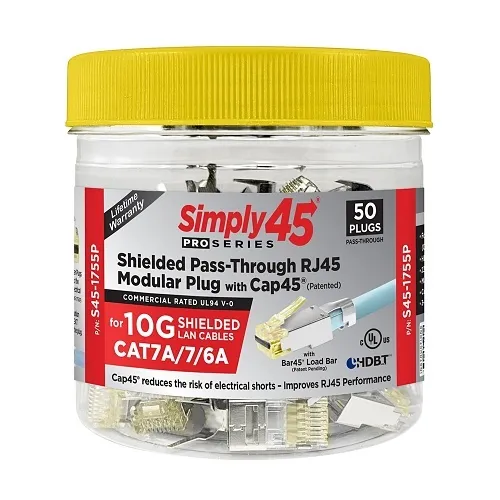Simply45 S45-1755P Pro Series Shielded Pass-Through RJ45 Modular Plug with Cap45 and Bar45 for 10G Shielded LAN Cables CAT7a/7/6a, 50-Piece Plastic Jar, Yellow Tint