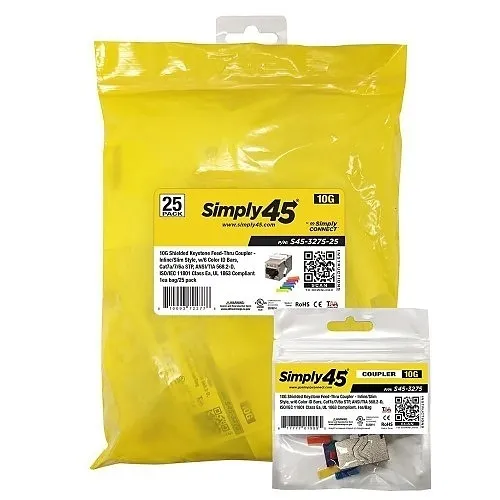 Simply45 S45-3275-25 10G Shielded Keystone Feed-Thru Coupler, 25-Pack, Nickel