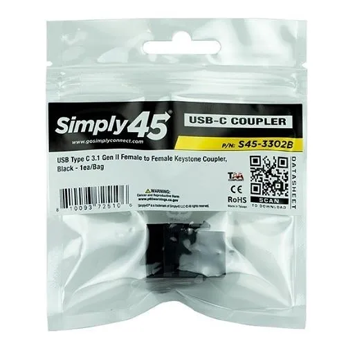 Simply45 S45-3302B USB Type C 3.1 Gen II Keystone Coupler, Female to Female, Black