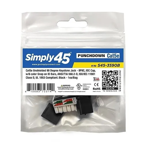 Simply45 S45-3590B-25 CAT5E UTP 90-Degree Keystone Jack, 110 Style, Includes Dust Cover, Black
