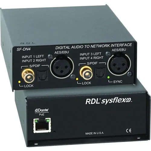 RDL SF-DN4 Digital Audio to Network Interface, Converts Left/Right Digital Audio Sources to Dante Network Audio Signals